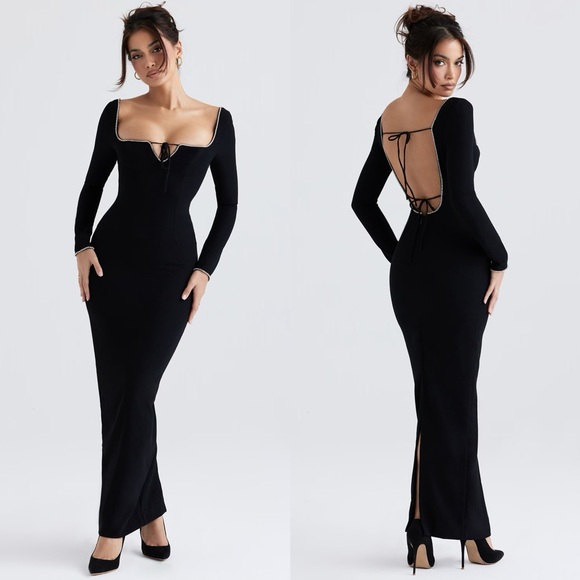 House of CB Dresses & Skirts - NWT House of CB Rosa Black Crystal Rhinestone Embellished Maxi Dress Gown L